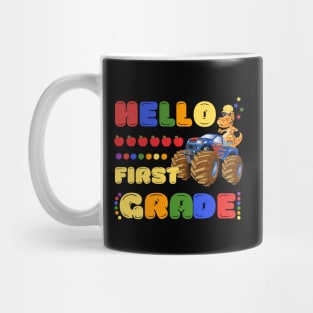 Hello First Grade, Funny Dinosaur Monster Truck Back To School Mug